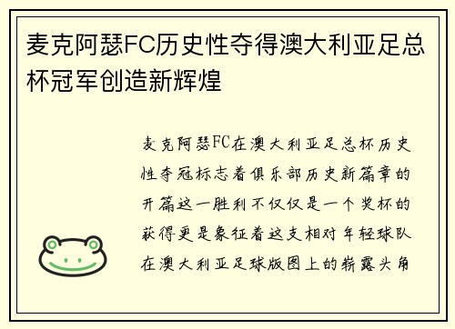 麦克阿瑟FC历史性夺得澳大利亚足总杯冠军创造新辉煌 麦克阿瑟FC历史性夺得澳大利亚足总杯冠军创造新辉煌