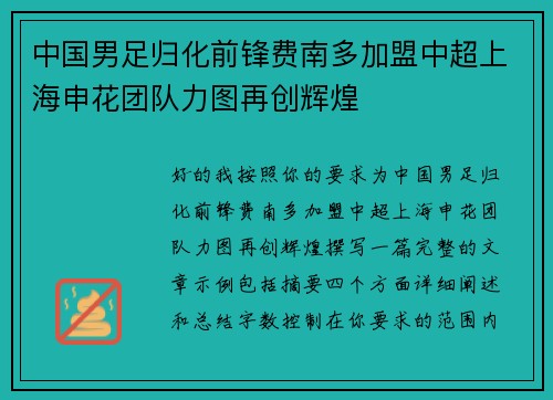 中国男足归化前锋费南多加盟中超上海申花团队力图再创辉煌