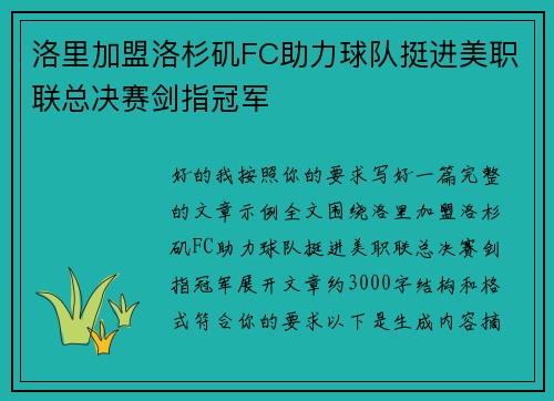 洛里加盟洛杉矶FC助力球队挺进美职联总决赛剑指冠军